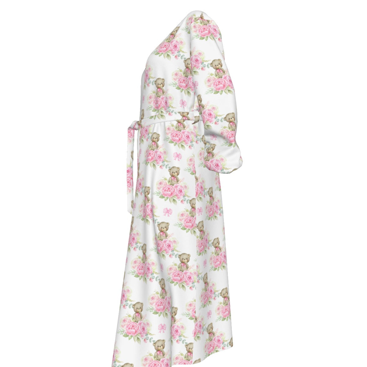 Pink Floral Teddy Bear Women's Lace-up Chiffon Robe