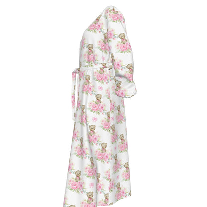 Pink Floral Teddy Bear Women's Lace-up Chiffon Robe