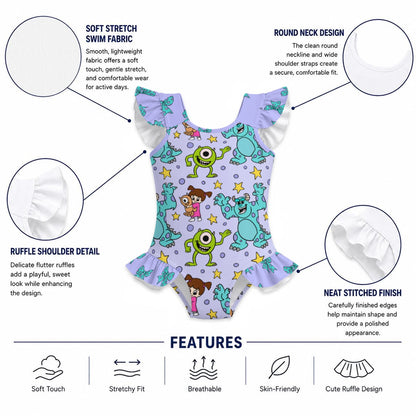 Purple Friendly Monsters Girls' Ruffle Sleeve Swimsuit With Bow