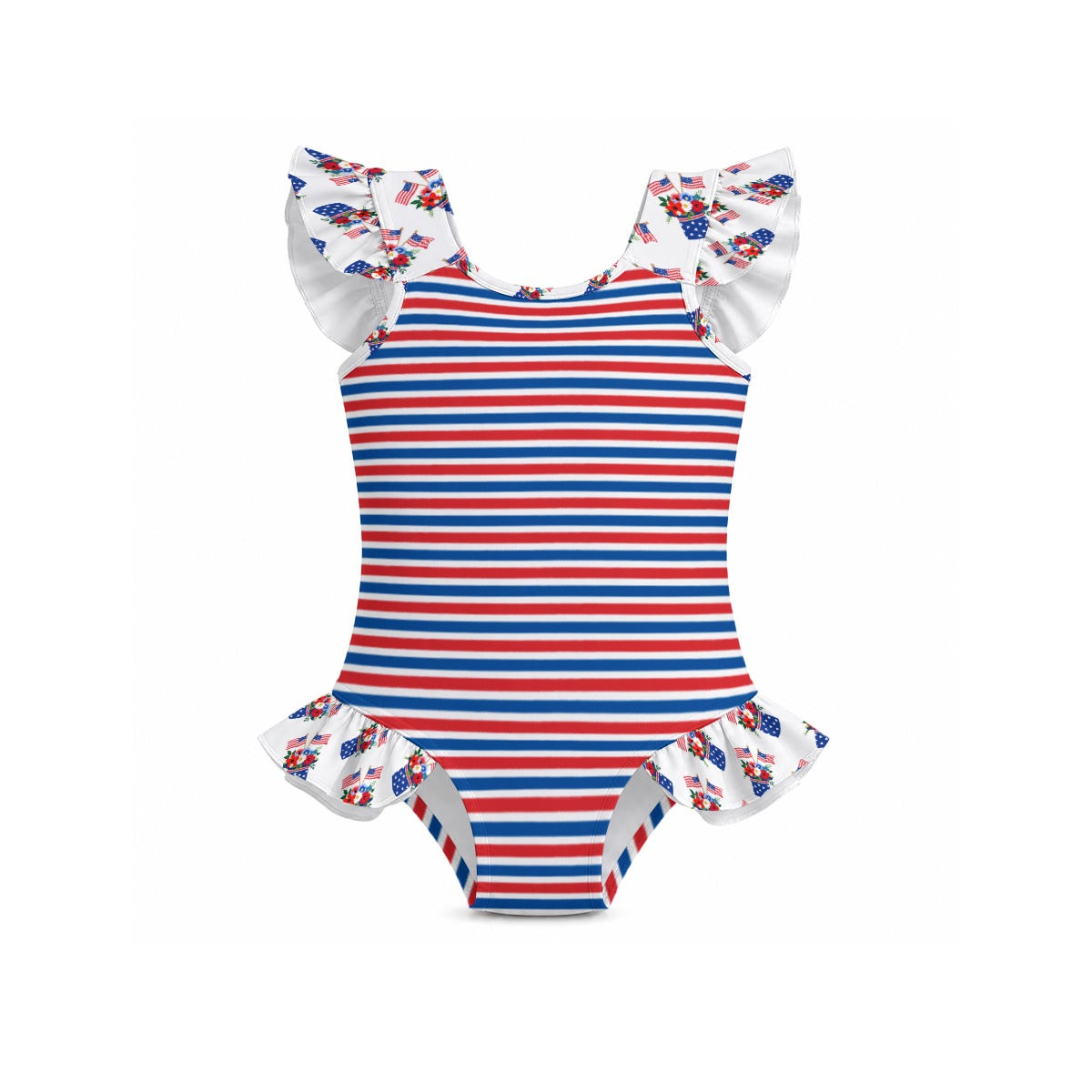 RWB Stripe Girls' Ruffle Sleeve Swimsuit With Bow