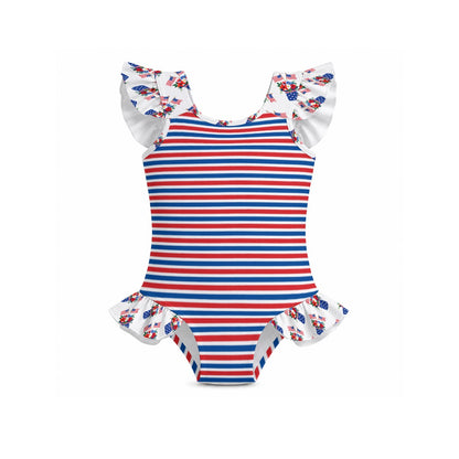 RWB Stripe Girls' Ruffle Sleeve Swimsuit With Bow