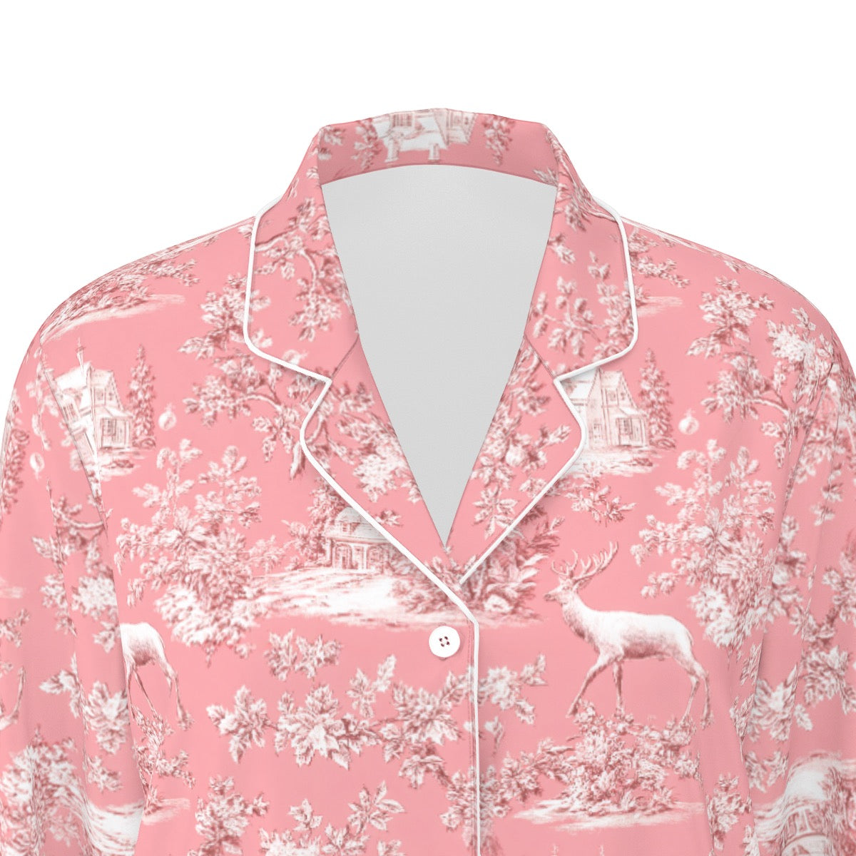 Pink Christmas Toile Women's Long Sleeve Pajama Set With White Contrast Piping