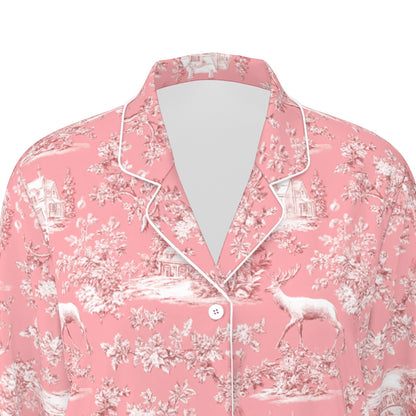 Pink Christmas Toile Women's Long Sleeve Pajama Set With White Contrast Piping