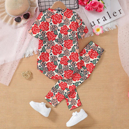 Red Vintage Floral Hidden MM Kids' Casual Top and Pants Set