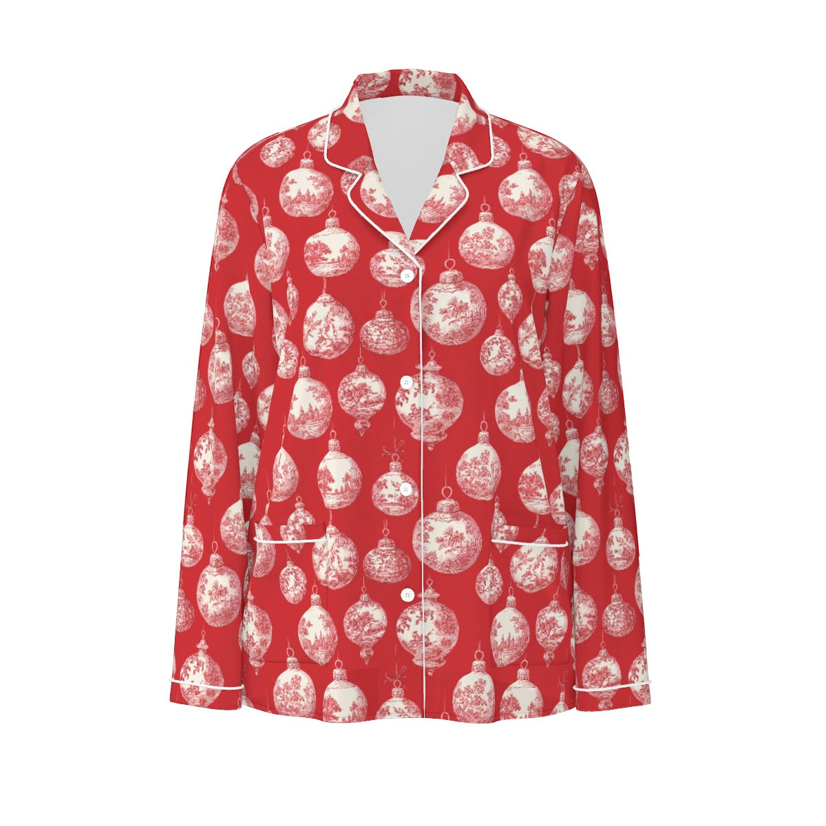 Red Toile Christmas Ornaments Women's Long Sleeve Pajama Set With White Contrast Piping