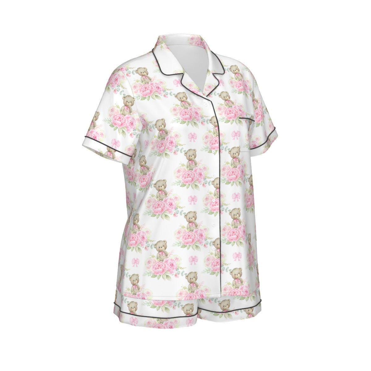 Pink Floral Teddy Bear Women's Pajama Set With Short Sleeve