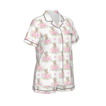 Pink Floral Teddy Bear Women's Pajama Set With Short Sleeve