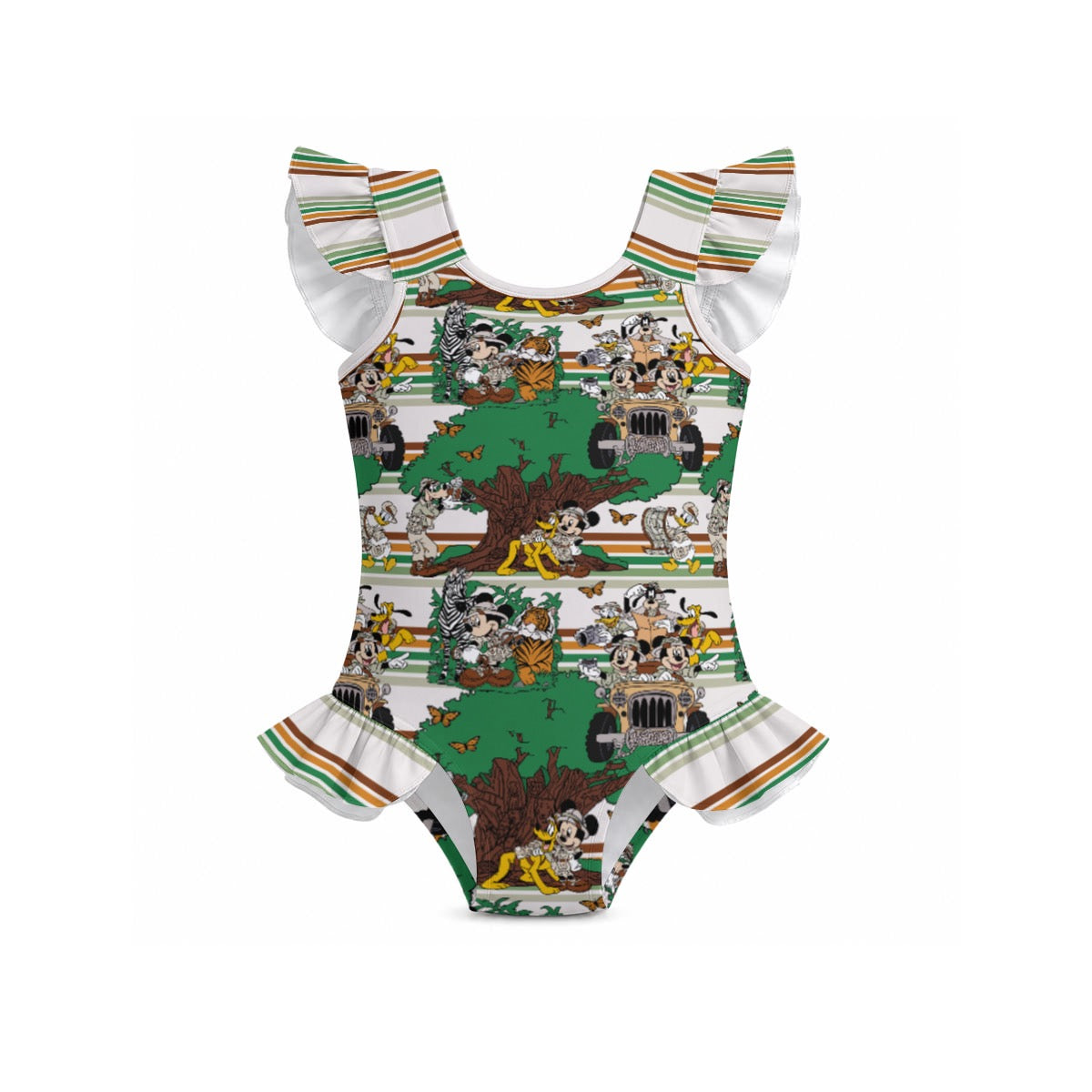 Striped Safari Girls' Ruffle Sleeve Swimsuit With Bow