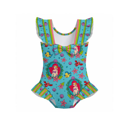 Teal Mermaid Frame Girls' Ruffle Sleeve Swimsuit With Bow