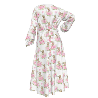Pink Floral Teddy Bear Women's Lace-up Chiffon Robe
