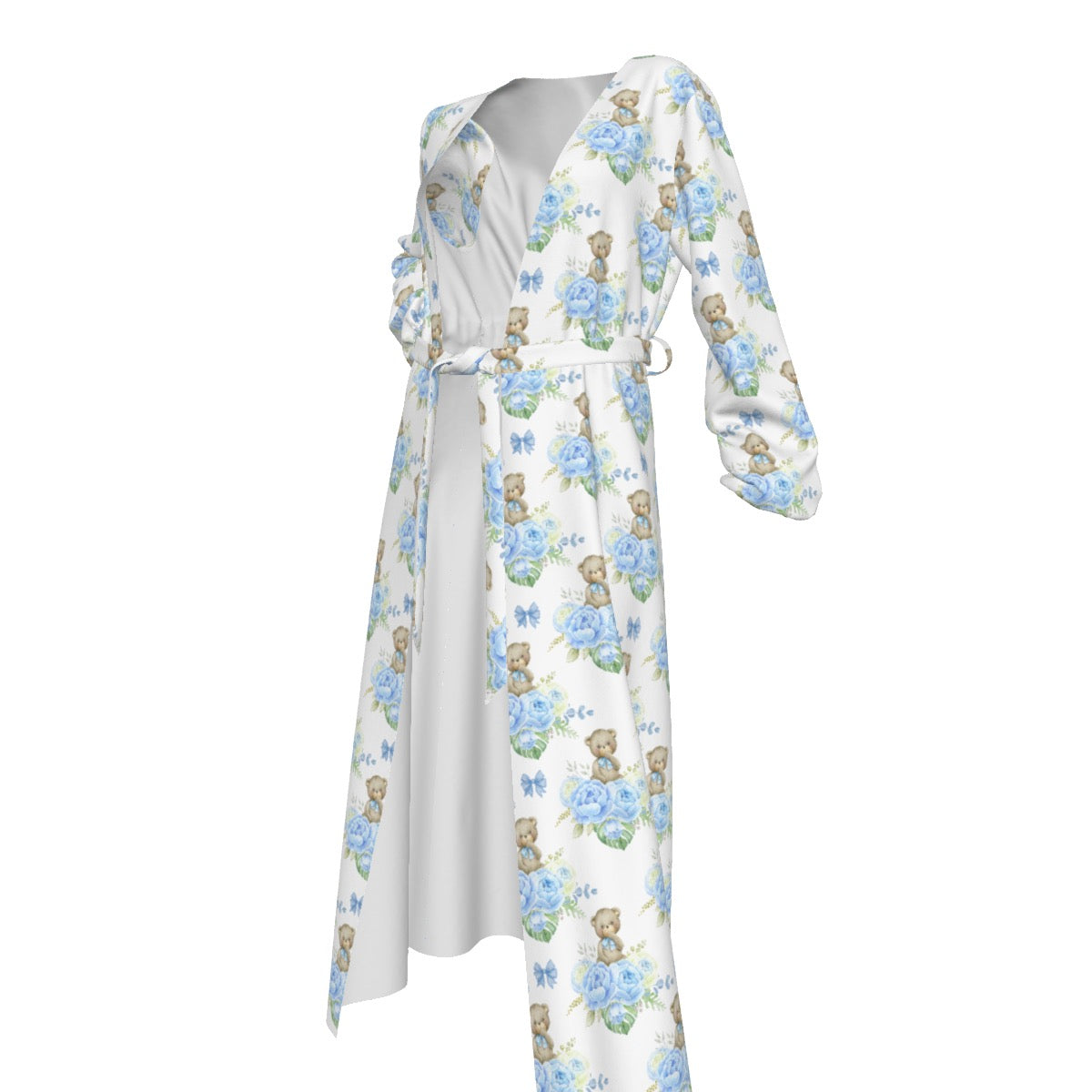 Blue Floral Teddy Bear Women's Lace-up Chiffon Robe