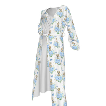 Blue Floral Teddy Bear Women's Lace-up Chiffon Robe