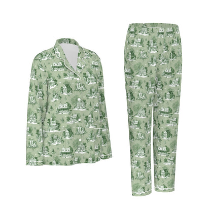 Sage Christmas Toile Women's Long Sleeve Pajama Set With White Contrast Piping