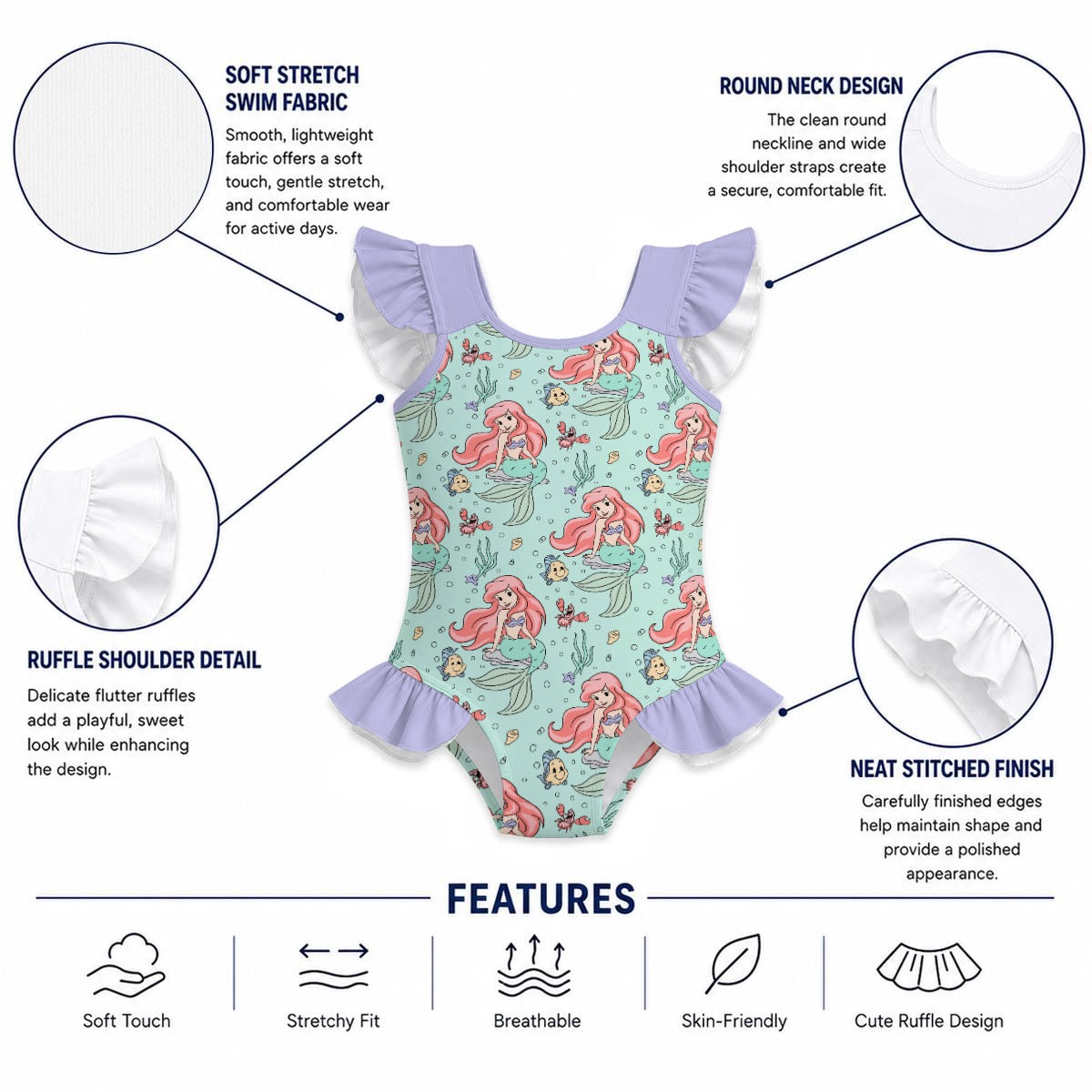 Ariel Girls' Ruffle Sleeve Swimsuit with Bow