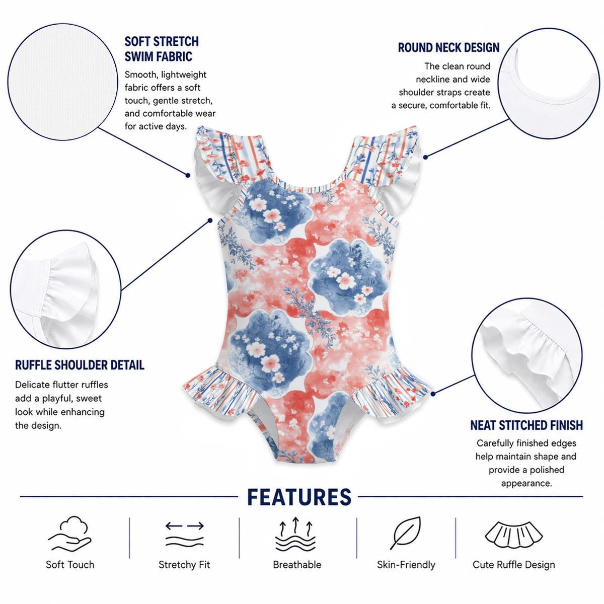 Patriotic Watercolor Floral Girls' Ruffle Sleeve Swimsuit With Bow