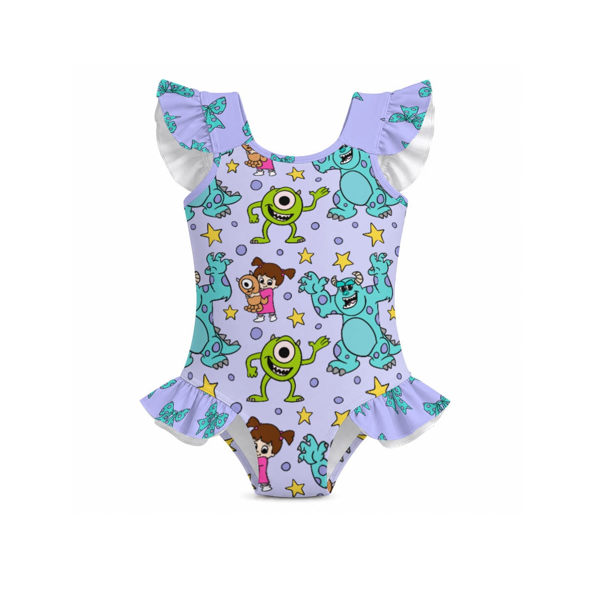 Purple Friendly Monsters Girls' Ruffle Sleeve Swimsuit With Bow