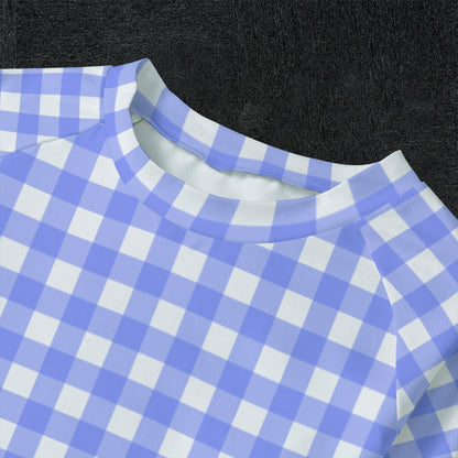 Bright Blue Gingham Kid's Raglan Sleeve Pajamas With Straight Leg Pants