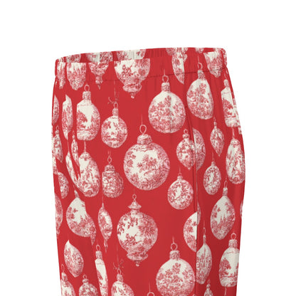 Red Toile Christmas Ornaments Women's Long Sleeve Pajama Set With White Contrast Piping